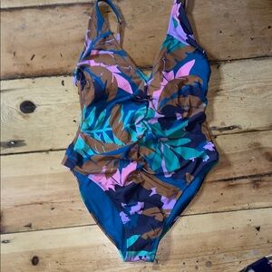 Shade & Shore Teal Navy Pink Brown Tropical Leaf One-Piece Swimsuit